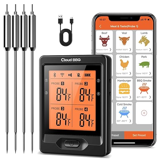 500FT Digital Meat Thermometer with Multy Probes Bluetooth Kitchen Thermometer for Smoker Grilling Oven (FS66N)