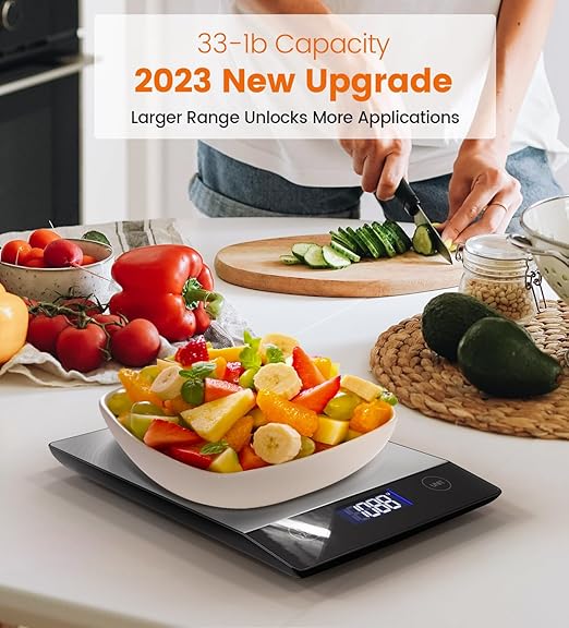 AZC 250mAh Rechargeable Food Scale，0.1oz-33lb， 304 Stainless Steel Waterproof Kitchen Scale，Batteries and Type-C Charging Food Scales for Kitchen，Inclined LCD Display