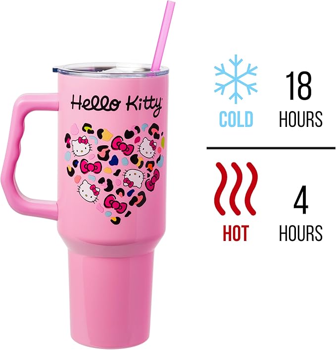 Silver Buffalo Sanrio Hello Kitty Leopard Jungle Cat Print and Bows Heart Stainless Steel Tumbler with Handle and Straw, Fits in Standard Cup Holder, 40 Ounces