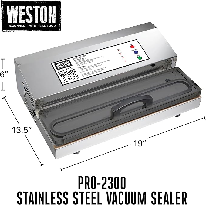 Weston Brands Vacuum Sealer Machine for Food Preservation & Sous Vide, Extra-Wide 5mm Bar for Sealing Bags up to 16" Wide, 935 Watts, Commercial Grade Pro 2300, Stainless Steel (65-0201)