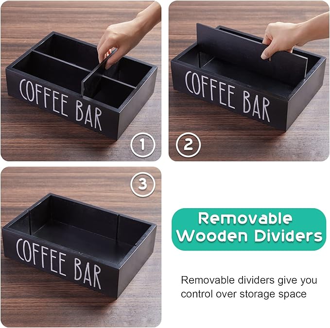 ALEION Coffee Station Organizer - Wood Countertop Accessories Organizer with Removable Dividers for Pods Condiment Syrup Tea Cups Stirrers - for Farmhouse Coffee Bar Decor
