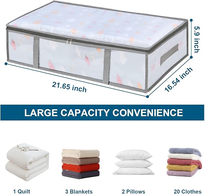 LANDNEOO 2 Pack Under Bed Storage Containers Bins, Humid-Proof Plastic Underbed Storage Bins, Clothes Storage and Organization Bags, Under the Bed Blanket Storage with Handles for Clothes, 35L