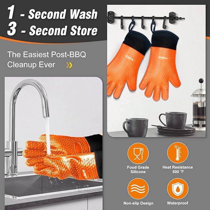 Walfos Silicone BBQ Gloves - Heat Resistant Grilling Gloves, Premium Non-Slip Kitchen Oven Mitt with Protective Cotton Layer Inside, Waterproof, Great for Grilling, Kitchen and Cooking, Orange