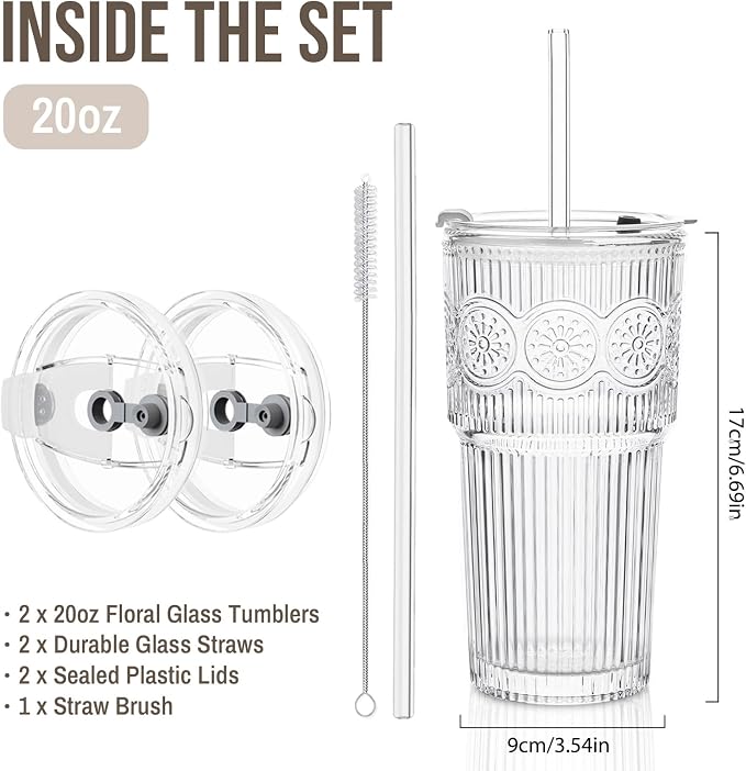 SoulTimes 20oz Ribbed & Floral Glass Tumbler Set of 2 – Reusable Glass Cups - Image 3