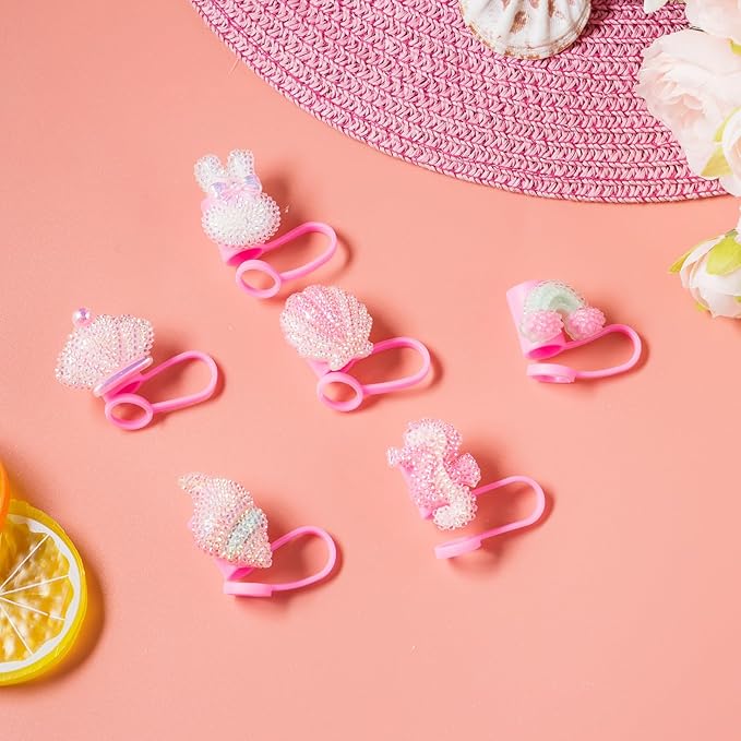 6Pcs Glitter Pink Straw Cover Cap for Stanley Cup, 10mm Reusable Cute Pink Drinking Straw Topper Accessories, Portable Protector Plugs Decorations Gifts for Kids Party Favors