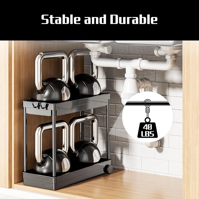 Under Sink Organizer, Under Cabinet Basket Organizer Drawer with Hooks, Bathroom Standing Rack, Multi-purpose Storage Shelf, Black