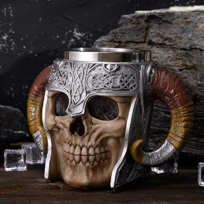 Stainless Steel Double Handle Horn Skull Beer Cup, Viking Warrior Skull Mug Tankard, Medieval Drinkware Mug for Coffee/Beverage/Juice 17oz.