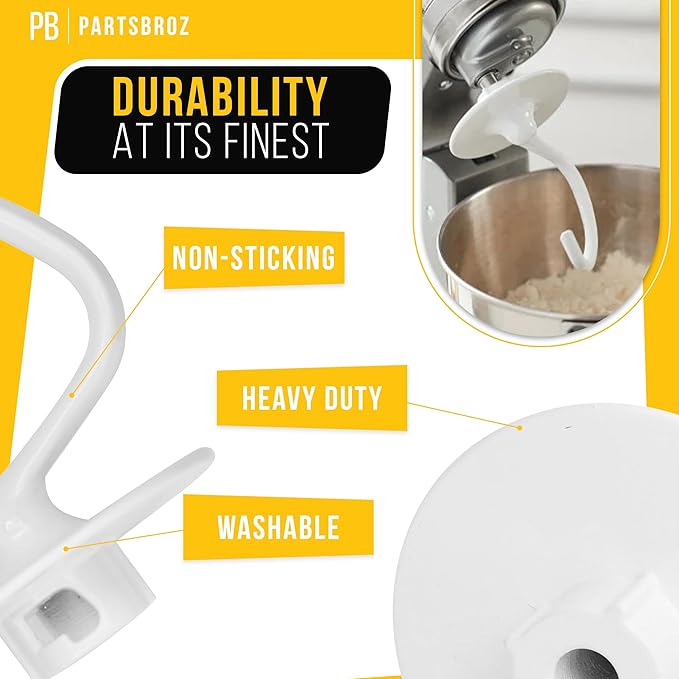 PartsBroz Kitchen Aid Dough Hook Attachment for Stand Mixer 4.5 Qt, 5 Qt for KitchenAid Dough Hook Attachment K45DH for Artisan Bread Kneading Model K45 KSM150 K45SS KSM95 KSM96 KSM90 KSM150PS K45SSWH