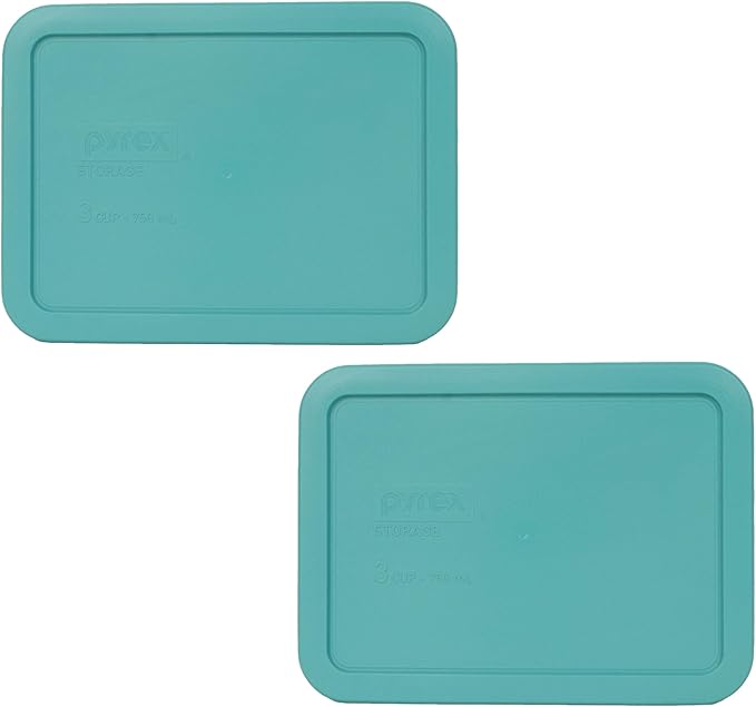 Pyrex Bundle - 2 Items: 7210-PC 3-Cup Turquoise Rectangle Plastic Food Storage Lids - Original Genuine Pyrex Lids - 2 Pack - Made in the USA