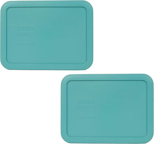 Pyrex Bundle - 2 Items: 7210-PC 3-Cup Turquoise Rectangle Plastic Food Storage Lids - Original Genuine Pyrex Lids - 2 Pack - Made in the USA