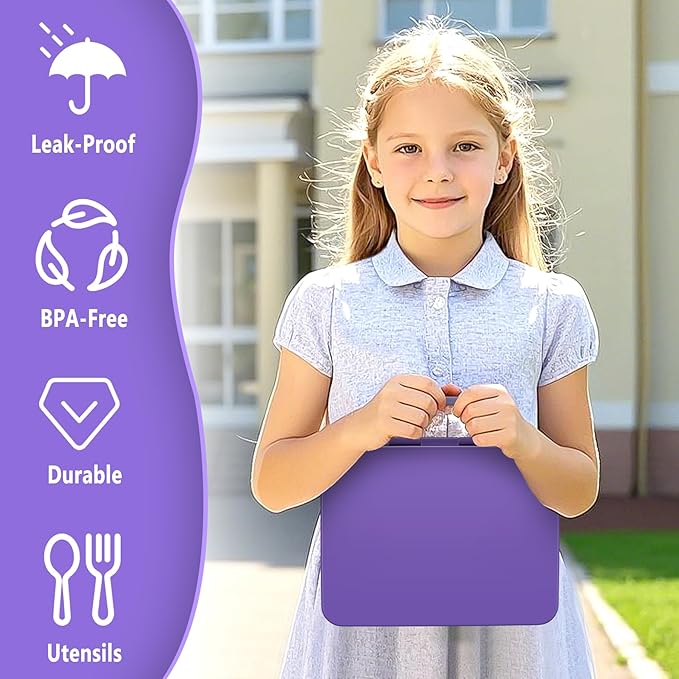 Kids Bento Lunch Box with Ice Pack, 5 Compartments Leak-Proof Bento Box with Utensils, 5.5-Cup Capacity for Adults & Ages 8+, BPA Free, Microwave & Dishwasher Safe, Purple