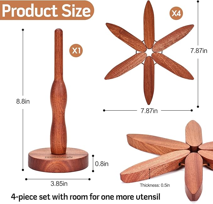 Trivets for Hot Dishes，Tree Shape Trivet Set,4 Wooden Trivets + 1 Stand， Heat-Resistant Foldable Wooden Tree Trivet Set for Pot、Bowl、Teapot、Hot Pot Holder