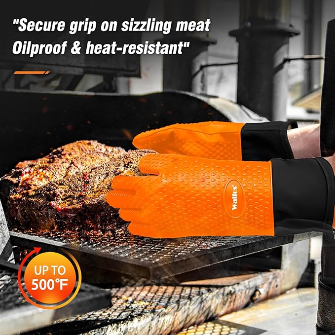 Walfos Silicone BBQ Gloves - Heat Resistant Grilling Gloves, Premium Non-Slip Kitchen Oven Mitt with Protective Cotton Layer Inside, Waterproof, Great for Grilling, Kitchen and Cooking, Orange