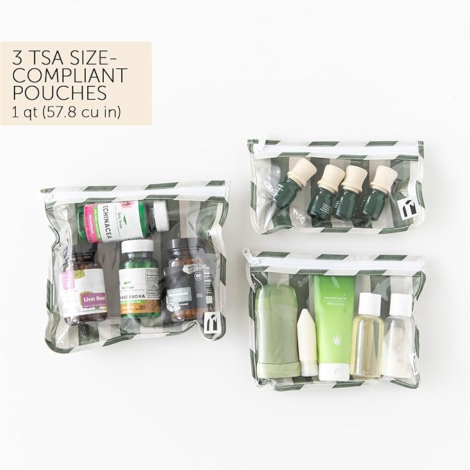 Roamio Travel Bag, Toiletry, TSA Approved Pouch, Zip Quart Size Airline Compliant, Clear-Sided, Baby, Diaper Bag Organization, Makeup, Accessories, Carry On Packing, Set of 3 Sizes, Green Stripe