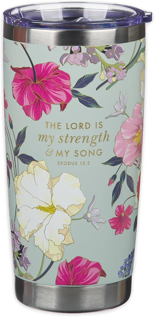Christian Art Gifts Large Stainless Steel Scripture Travel Mug Tumbler for Women: Lord is My Strength Inspirational Bible Verse, Double Wall Vacuum Insulated w/Lid, Mint Green Multicolor Floral, 18oz.
