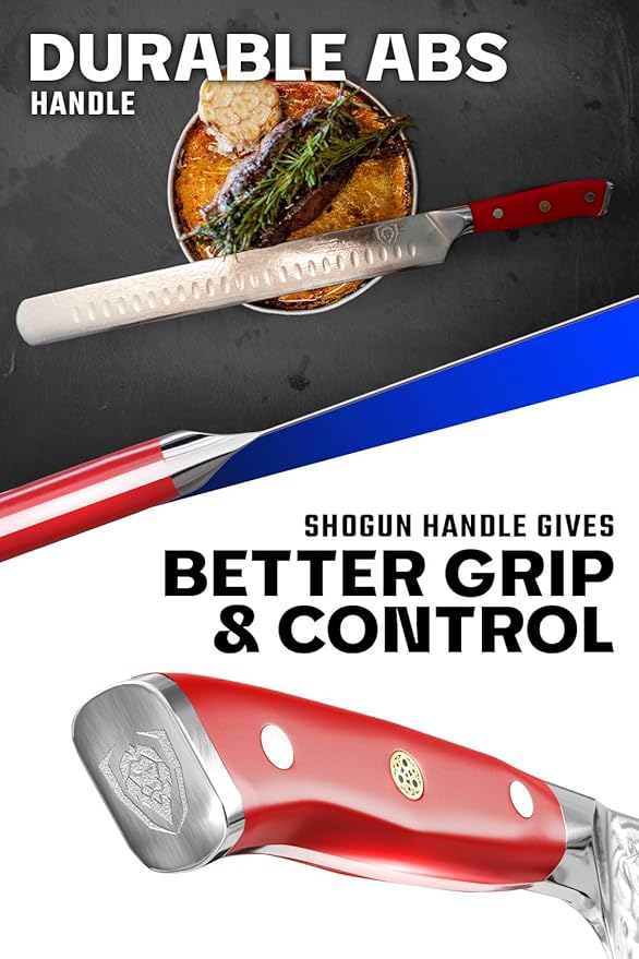 Dalstrong Slicing Carving Knife - 12 inch Granton Edge - Shogun Series - Damascus - Japanese AUS-10V Super Steel Kitchen Knife - Vacuum Treated - Crimson Red ABS Handle - Razor Sharp Knife - w/Sheath