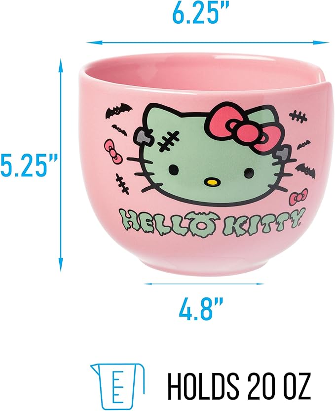Silver Buffalo Sanrio Hello Kitty Halloween Spooky Frankenstein Ceramic Ramen Bowl with Chopsticks, Microwave Safe, 20 Ounces