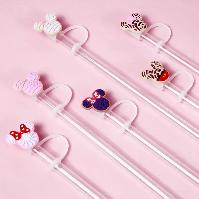 6PCS Straw Covers for Stanley Cup Tumbler 30 oz / 40 oz Leak Proof Straw Toppers 10mm Silicone Cute Straw Stopper Caps for Stanley Cup Accessories-Pink Mice