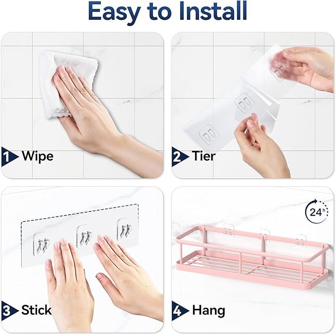 YASONIC Shower Caddy Adhesive, No Drill Bathroom shower Organizers, with Removable Hooks and Soap Holder, Rust Proof Shower Shelves, Wall-Mounted Shower Holder, 3 Pack, Pink