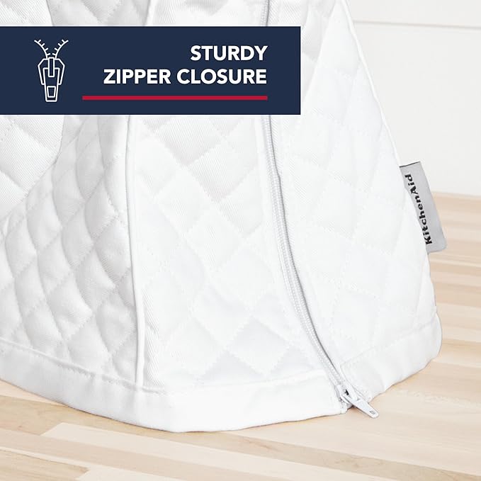 KITCHENAID Fitted Tilt-Head Stand Mixer Cover with Storage Pocket, Quilted 100% Cotton,14.4"x18"x10", White