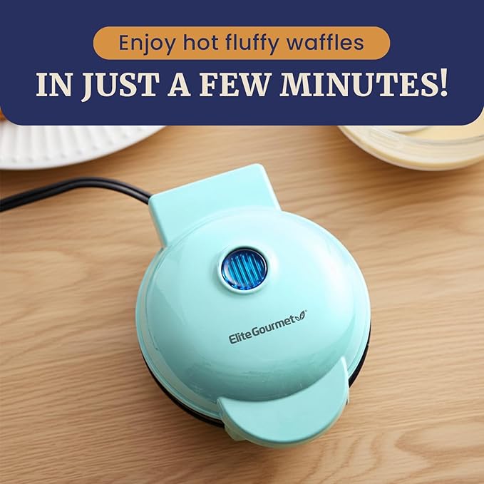 Elite Gourmet EWM015M Electric Nonstick 4.5-inch Mini Waffle Maker, Belgian Waffles, Compact Design, Hash Browns, Keto, Snacks, Sandwich, Eggs, Easy to Clean, Mint