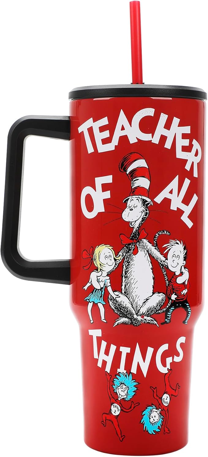 Bioworld Dr. Seuss Teacher of All Things Vacuum Insulated 40 Oz Stainless Steel Tumbler with Leak-Proof Lid & Ergonomic Easy-Carry Handle for School or Home
