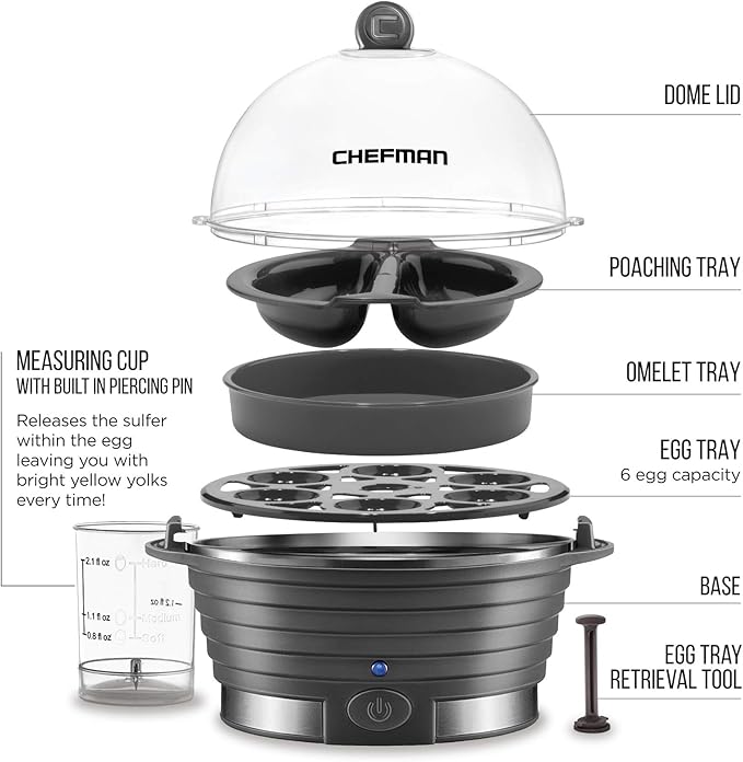 Chefman Electric Egg Cooker Boiler, Rapid Egg-Maker & Poacher, Food & Vegetable Steamer, Quickly Makes 6 Eggs, Hard, Medium or Soft Boiled, Poaching/Omelet Tray Included, Ready Signal, BPA-Free, Grey