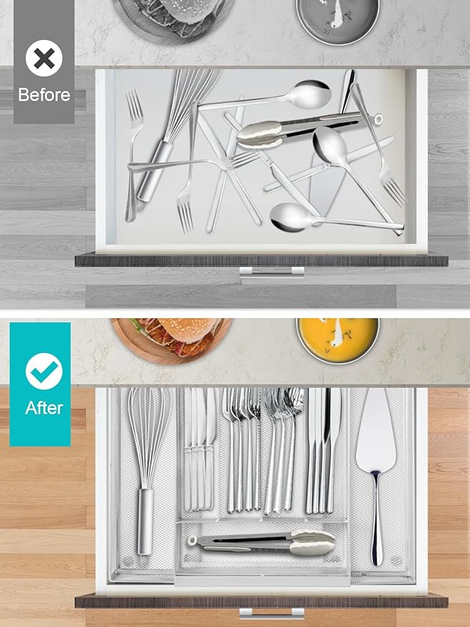 Silverware Organizer Metal Mesh, Drawer Organizer, Utensil Cutlery Tray for kitchen drawers,Expandable Flatware Organizer with 7 Compartment White 9.4"~17.3" x 13.7"