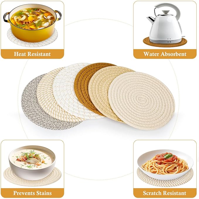 Billbotk 8"" Trivets for Hot pots and Pans, 6 Heat Resistant Hot Pads, Pot Holders for Kitchen, Hot Plate Mats for Table, Kitchen Decor for Counter, Home Essentials, Farmhouse, Brown, WT-6-2