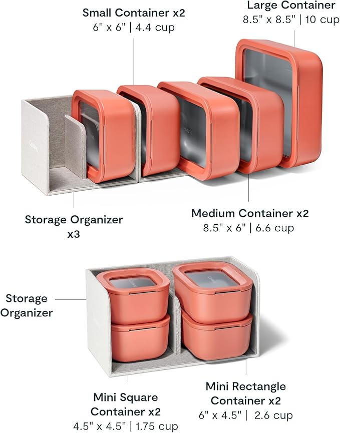Caraway 22pc Glass Food Storage Set - Storage Containers for Food - Non-Toxic Ceramic-Coated Glass - Air Release Technology - Compact & Stackable Design - Perracotta