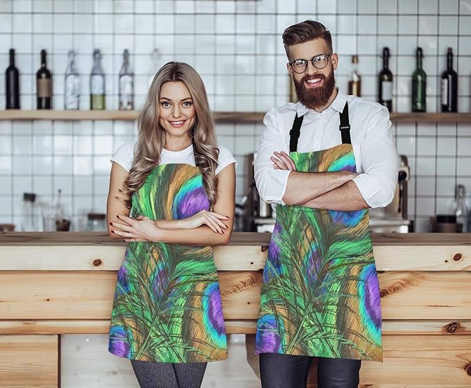 EKOBLA Peacock Feathers Aprons Animal Beautiful Colorful Digital Paint Shiny Green Purple Waterproof Resistant Chef Cooking Kitchen BBQ Adjustable Aprons for Women Men 27x31 Inch