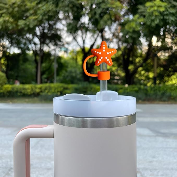 6PCS Cute Sea Animal Silicone Straw Cover Cap for Stanley 30&40 Oz Tumbler with Handle, 10mm Dust-Proof Reusable Straw Tips Lids