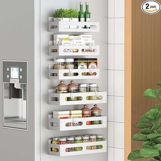 6 Pack Magnetic Spice Rack for Refrigerator, Spice Rack Organizer, Moveable Magnetic Shelf Fridge Organizer with 4 Hooks for Kitchen and Oven Organization, White
