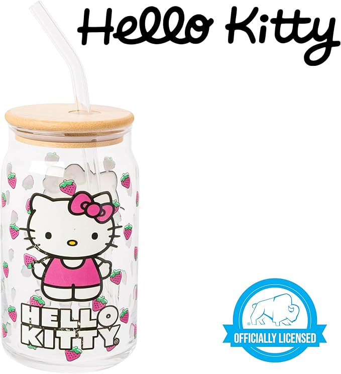 Silver Buffalo Sanrio Hello Kitty Strawberry Glass Jar Tumbler with Bamboo Lid and Glass Straw, 16 Ounces (Pack of 12)