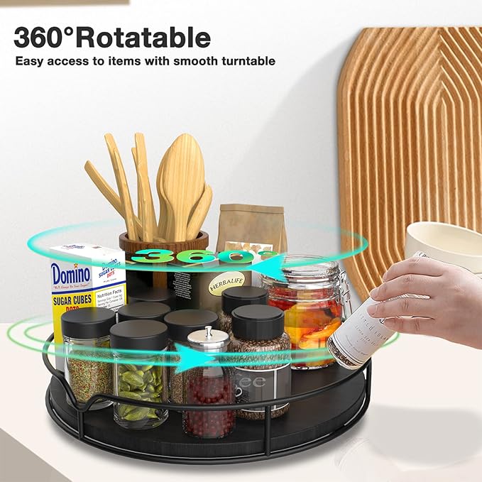 Lazy Susan Turntable Organizer with Anti-Slip Mat for Cabinet Pantry Kitchen Countertop Refrigerator Office, Pine Wood, 10", Black