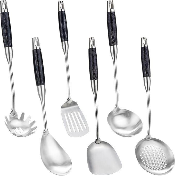 FJNATINH Stainless Steel Kitchen Utensils, Set of 6 Cooking Tools with Wooden Handle, Wok Spatula, Soup Ladle, Skimmer Spoon, Slotted Spatula Turner, Spaghetti Server, Solid Spoon