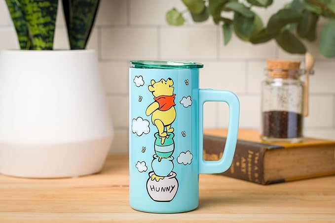 Silver Buffalo Disney Winnie the Pooh Hunny Double Wall Stainless Steel Travel Mug With Handle, 15 Ounces