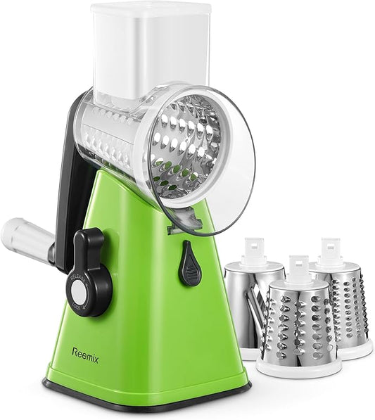 Rotary Cheese Grater with Handle, Reemix Vegetable Cheese Shredder Slicer Grater for Kitchen 3 Changeable Blades for Cheese Potato Zucchini Nuts Chocolate (Green)