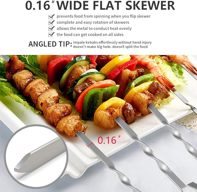 Skewers for Kabobs, 14" Metal Kebab Skewers for Grilling Flat Long Stainless Steel Kabob Sticks, Reusable Grill Shish BBQ Barbecue Sticks for Meat Chicken Vegetable Shrimp, 12 Pack