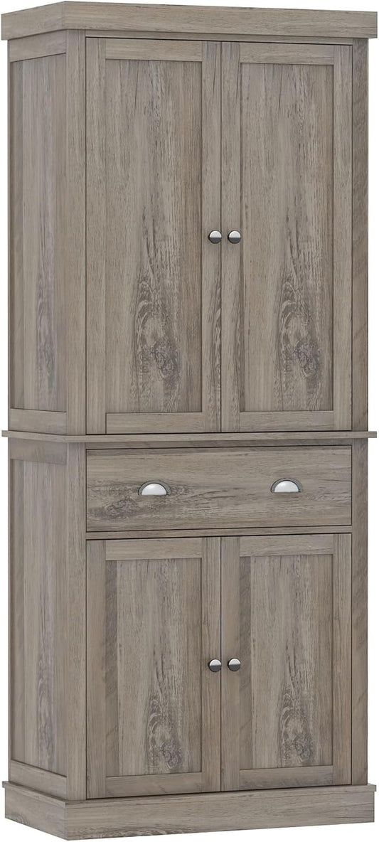 FOTOSOK 72" Kitchen Pantry Storage Cabinets with Drawer, Freestanding Cupboard with 4 Doors, Drawer, 4 Shelves, Utility Pantry Cabinet for Kitchen, Dining Room, Living Room, Ash Grey