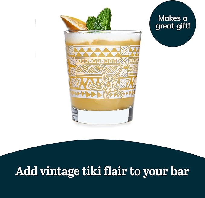 Libbey Tiki Rocks Glasses Set, Vintage-style Glassware Drinking Glasses Set of 4, Exotic, Dishwasher Safe Glasses for Backyard Luau or Pool Party