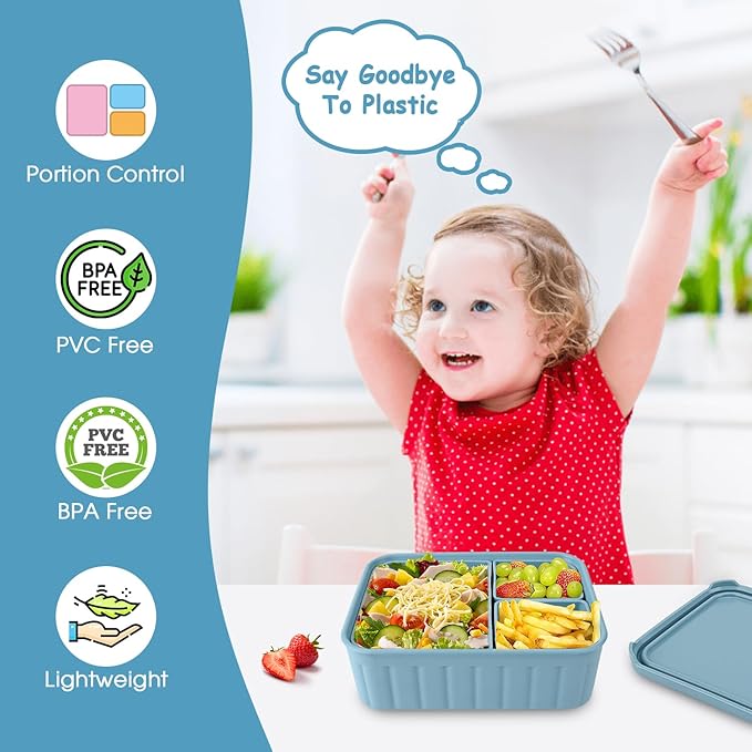 Bento Lunch Box for Kids-Reusable Silicone Kids Bento Box Lunch Container Leakproof Lunchbox Meal Prep Food Storage Containers with 3 Removable Compartments–Dishwasher Safe/BPA Free/Portion Control
