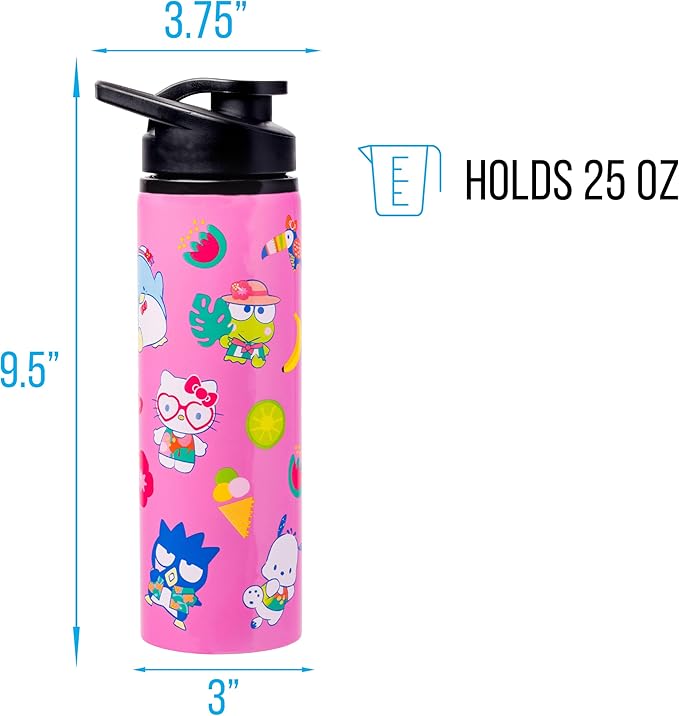 Silver Buffalo Sanrio Hello Kitty and Friends Tropical Stainless Steel Water Bottle Featuring Keroppi, Tuxedo Sam, Badtz-Maru, and Pochacco, 25 Ounces