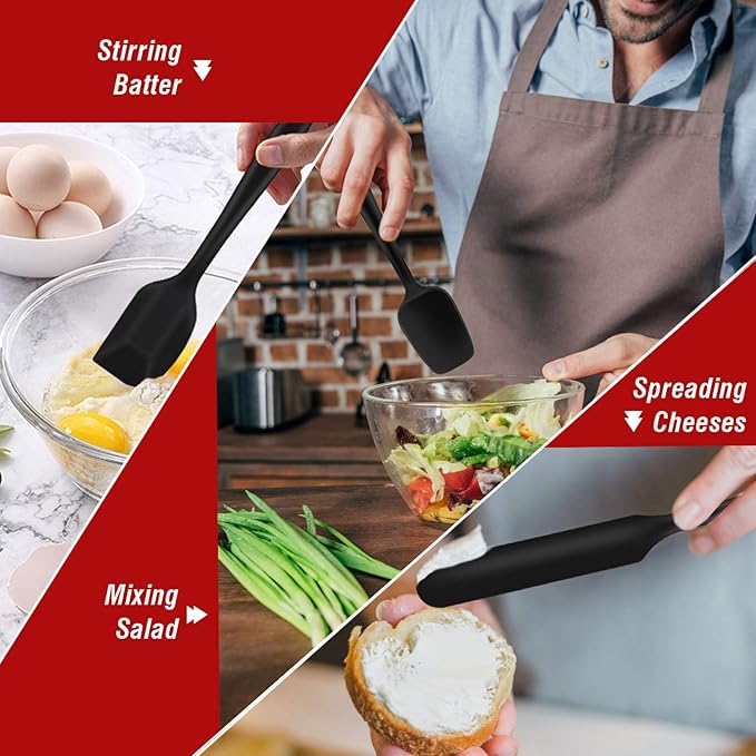 Silicone Spatula Set of 7, P&P CHEF Heat-Resistant Rubber Spatulas Kitchen Utensils Set for Non-stick Cooking Baking Mixing, Seamless & Flexible Design, Dishwasher Safe, Black