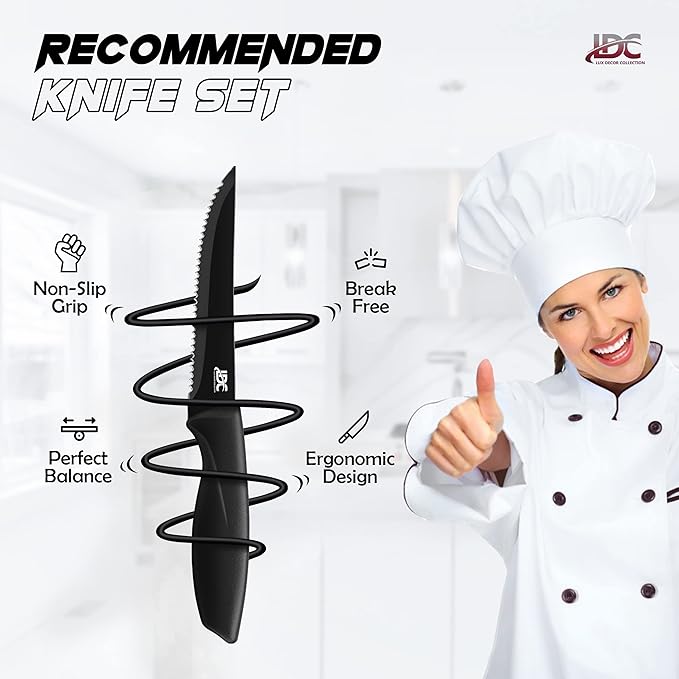 LDC Serrated Steak Knives Set of 8, Elegant Black Ultra Sharp Knives, Dishwasher Safe Stainless Steel Dining Knife Set