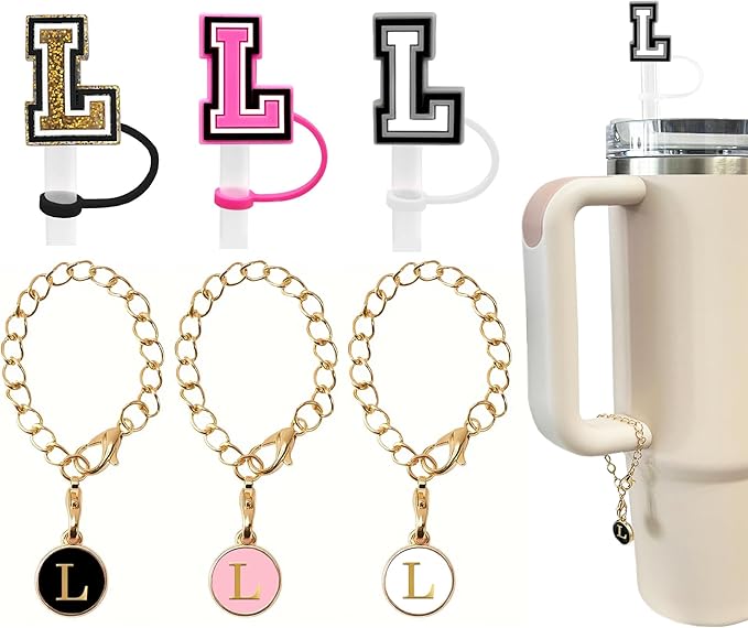 （3 +3) 3PCS Nuozme Straw Cover 10mm For Stanley Tumbler Cup Reusable Straw Cap Topper with 3 Initial Letter Charms Accessories Name ID Personalized Handle Charm For Stanley 30&40 Oz Cup Tumbler