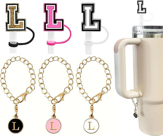 （3 +3) 3PCS Nuozme Straw Cover 10mm For Stanley Tumbler Cup Reusable Straw Cap Topper with 3 Initial Letter Charms Accessories Name ID Personalized Handle Charm For Stanley 30&40 Oz Cup Tumbler