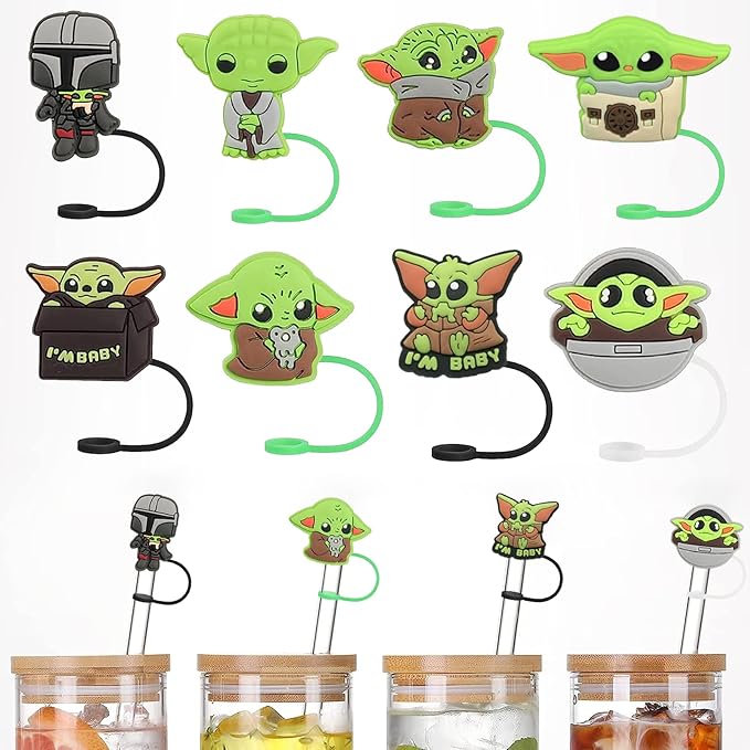 Yo-da Straw Covers Cap for 7-8mm Straws - 8 Pcs Tip Covers Compatible With Stanley 40 OZ 30 OZ Tumbler Cups, Reusable Silicone Topper, Baby Y-oda Drinking Plugs for Kids Party Favor