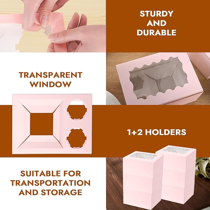 Pink 10 Packs cajas para postres and Cupcake Box 3 Holes Fit 2 Cupcakes and 1 Mini Cake Box with Clear Window and Stickers for Wedding Birthday Party Bakery pastry boxes(Pink, 1+2(10Pack))