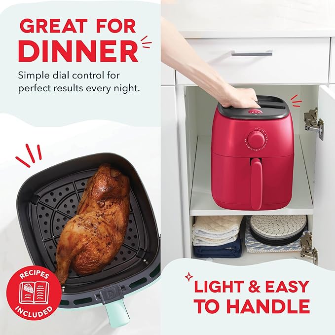 DASH Tasti-Crisp™ Electric Air Fryer Oven, 2.6 Qt., Red – Compact Air Fryer for Healthier Food in Minutes, Ideal for Small Spaces - Auto Shut Off, Analog, 1000-Watt